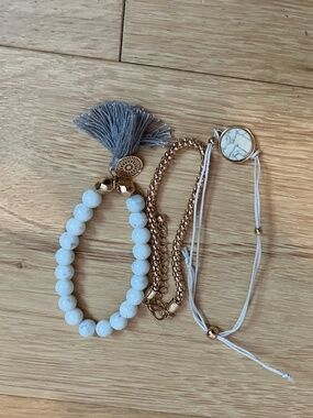 Boho Chic White Marble & Gold Stacked Bracelet Set with Tassel (3 piece set)